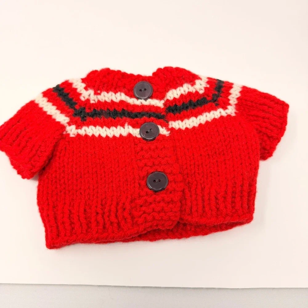 Hand-Knit Doll Outfit: Red Sweater, Beanie, Denim Pants Fits 18